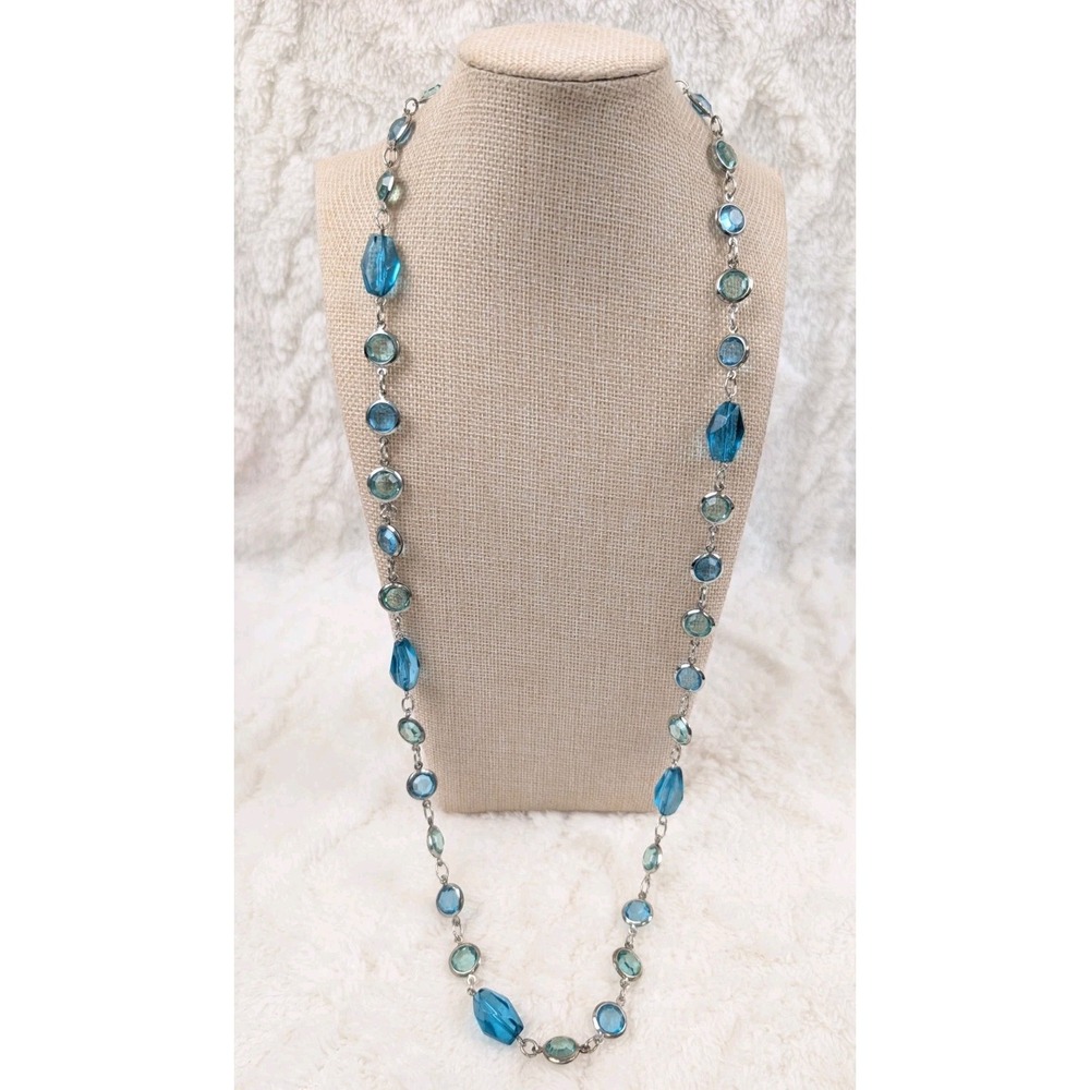 Blue Aqua Faceted Acrylic Bead Long Station Necklace Silver Tone 32"